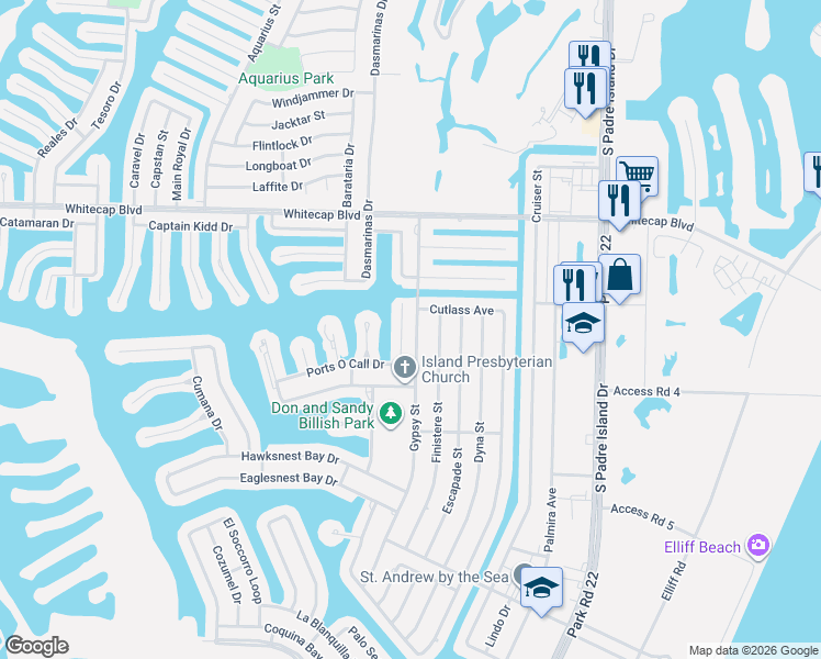 map of restaurants, bars, coffee shops, grocery stores, and more near 15414 Seamount Cay Court in Corpus Christi