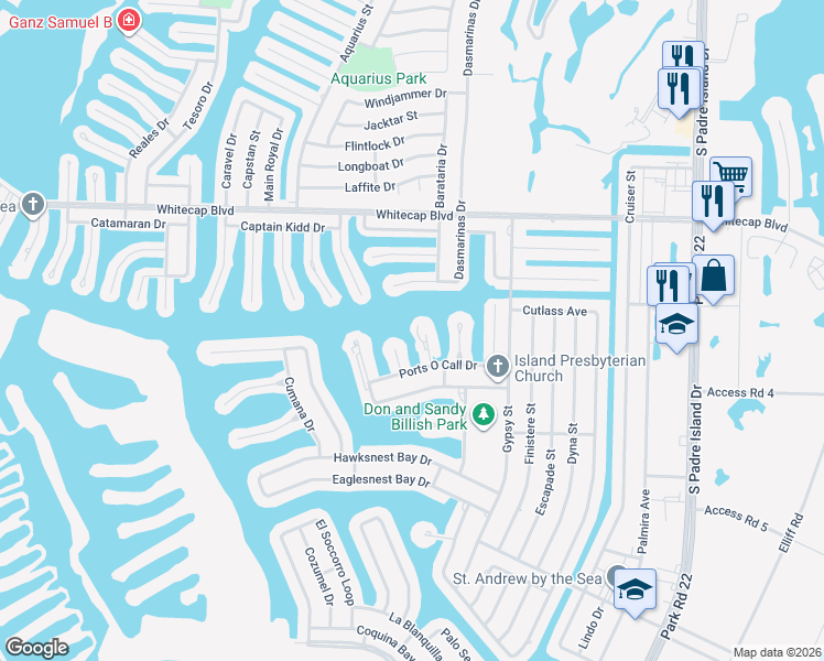 map of restaurants, bars, coffee shops, grocery stores, and more near 15405 Grass Cay Court in Corpus Christi