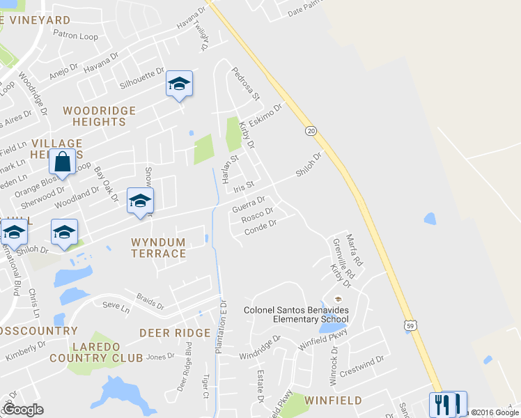 map of restaurants, bars, coffee shops, grocery stores, and more near 3122 Rosco Drive in Laredo