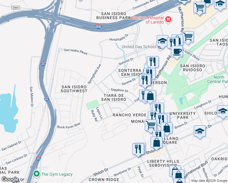 map of restaurants, bars, coffee shops, grocery stores, and more near 919 Sapphire Street in Laredo