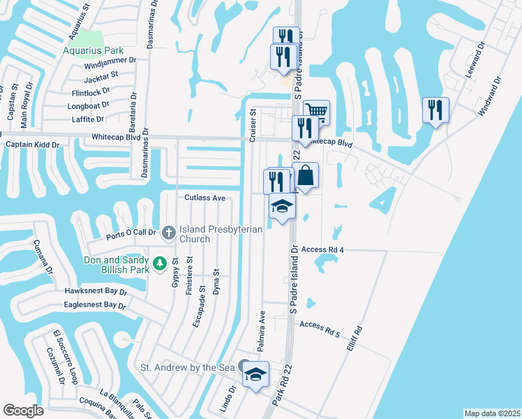 map of restaurants, bars, coffee shops, grocery stores, and more near 15418 Palmira Avenue in Corpus Christi