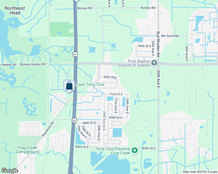 map of restaurants, bars, coffee shops, grocery stores, and more near 2818 93rd Court East in Palmetto