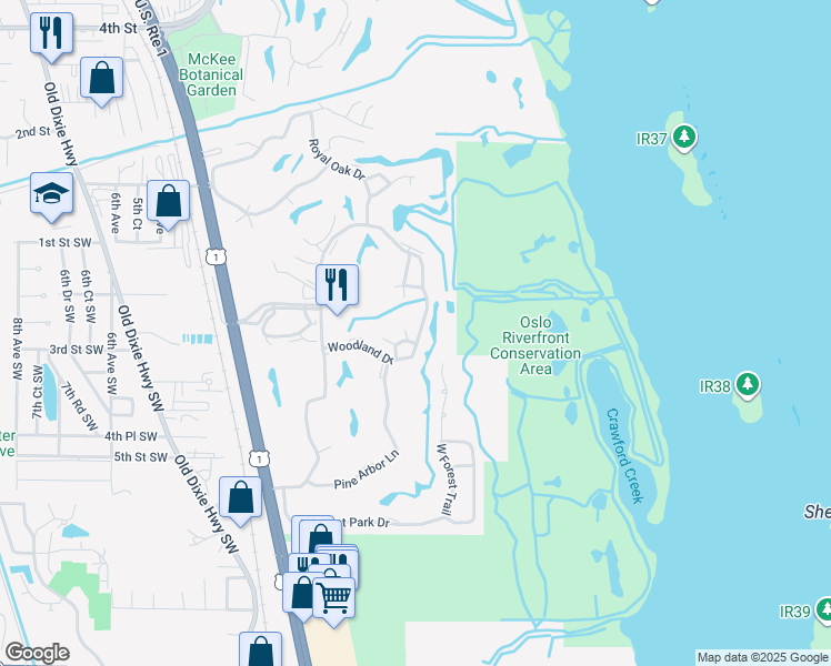 map of restaurants, bars, coffee shops, grocery stores, and more near 42 Woodland Drive in Vero Beach
