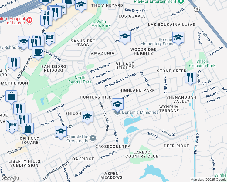 map of restaurants, bars, coffee shops, grocery stores, and more near 1609 Sherwood Drive in Laredo