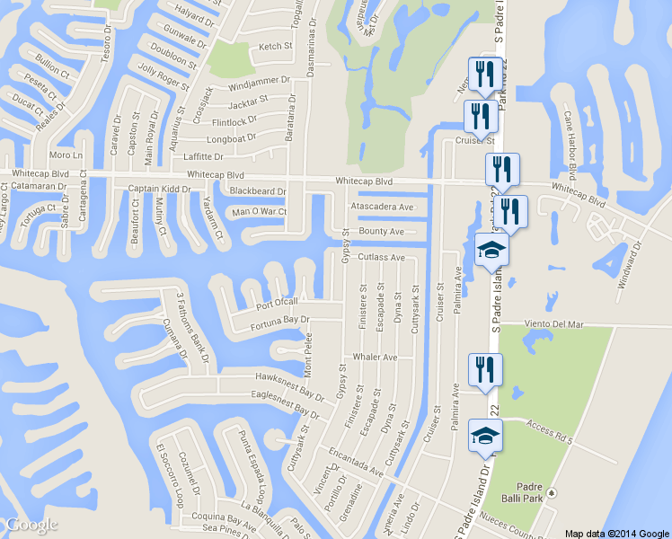 map of restaurants, bars, coffee shops, grocery stores, and more near 15414 Seamount Cay Court in Corpus Christi