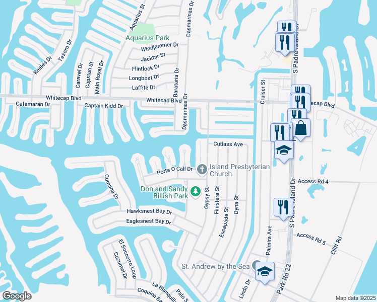 map of restaurants, bars, coffee shops, grocery stores, and more near 15405 Salt Cay Court in Corpus Christi