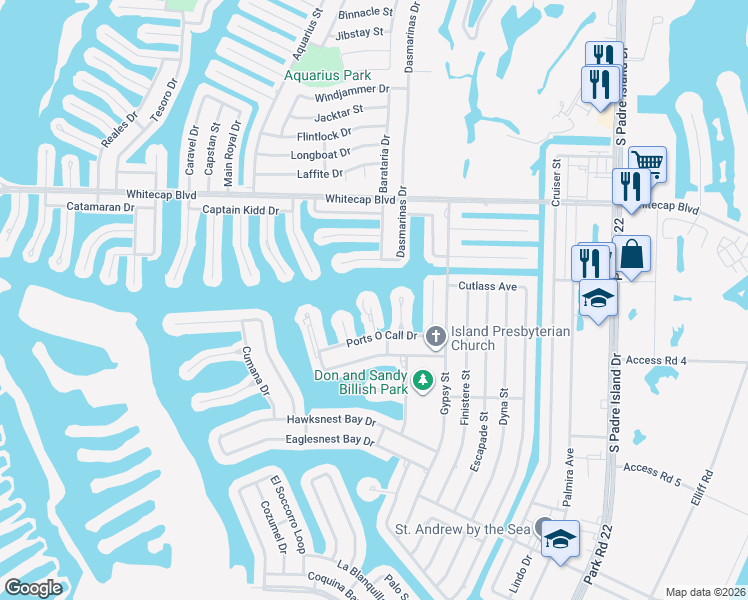 map of restaurants, bars, coffee shops, grocery stores, and more near 505 Grass Cay Court in Corpus Christi