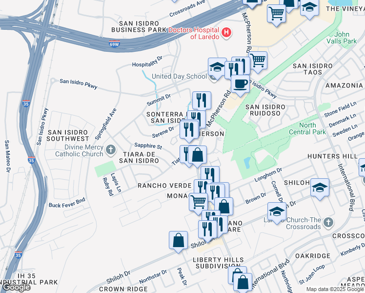 map of restaurants, bars, coffee shops, grocery stores, and more near 9802 McPherson Road in Laredo