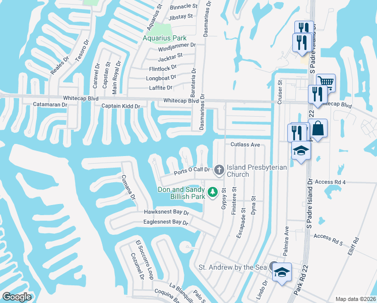 map of restaurants, bars, coffee shops, grocery stores, and more near 505 Grass Cay Court in Corpus Christi