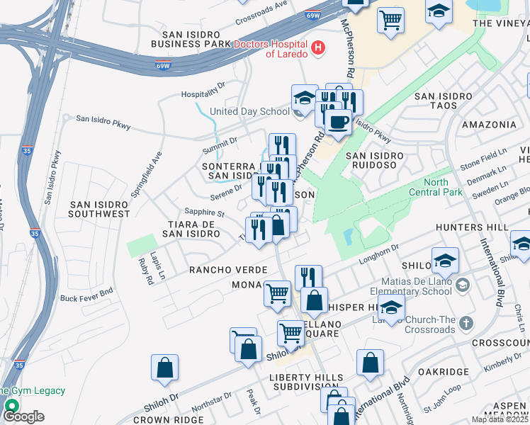 map of restaurants, bars, coffee shops, grocery stores, and more near 9802 McPherson Road in Laredo