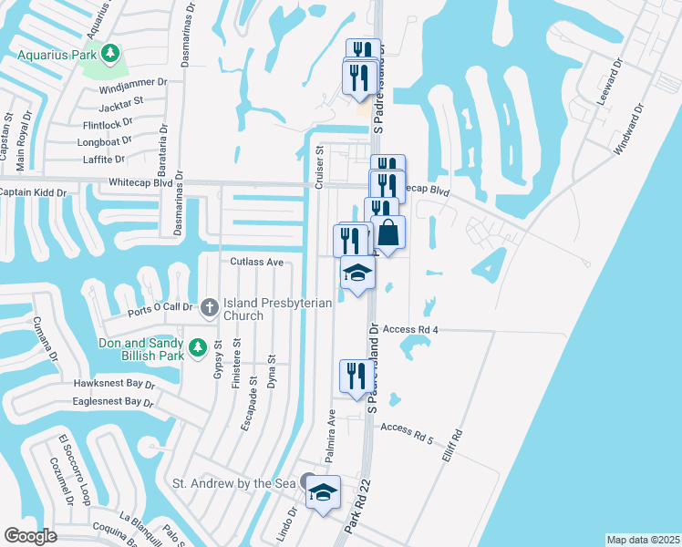map of restaurants, bars, coffee shops, grocery stores, and more near 15418 Palmira Avenue in Corpus Christi