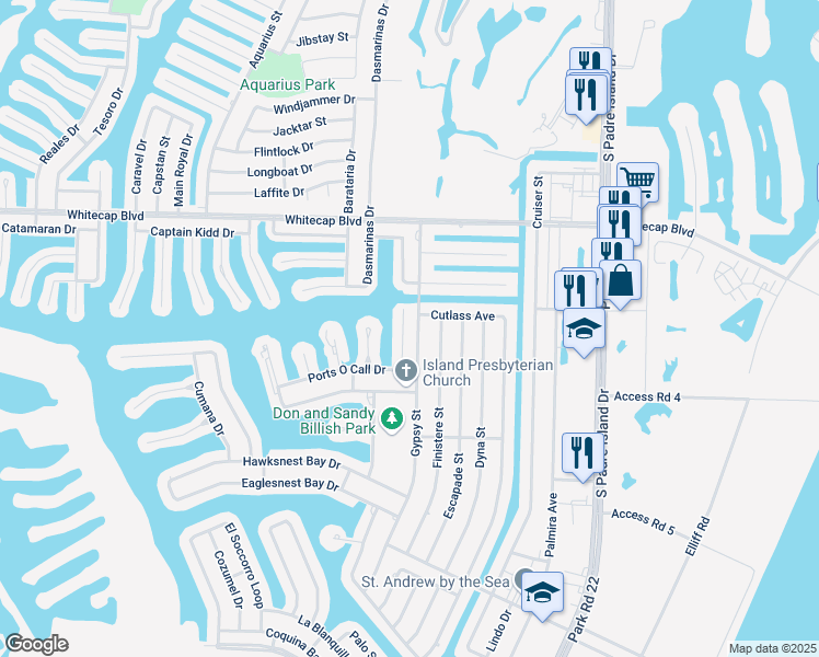 map of restaurants, bars, coffee shops, grocery stores, and more near 15414 Seamount Cay Court in Corpus Christi