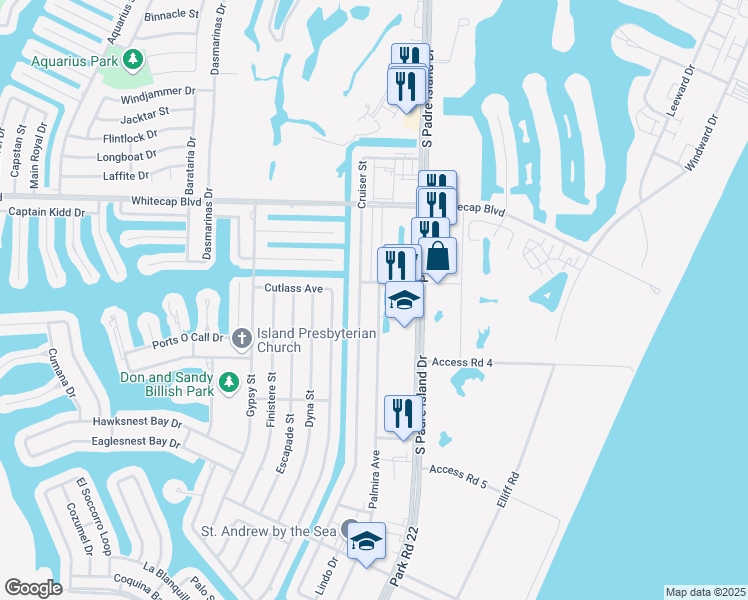 map of restaurants, bars, coffee shops, grocery stores, and more near 15418 Palmira Avenue in Corpus Christi