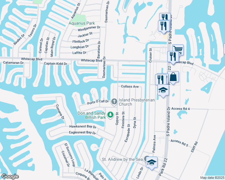 map of restaurants, bars, coffee shops, grocery stores, and more near 15414 Seamount Cay Court in Corpus Christi