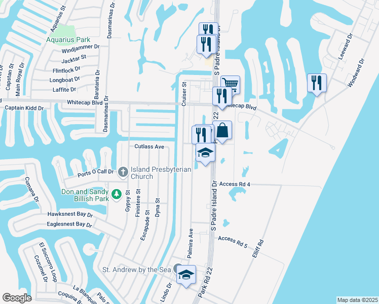 map of restaurants, bars, coffee shops, grocery stores, and more near 15418 Palmira Avenue in Corpus Christi