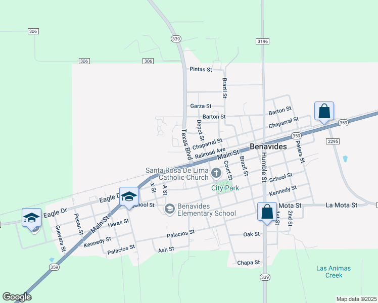 map of restaurants, bars, coffee shops, grocery stores, and more near 119 Chaparral Street in Benavides
