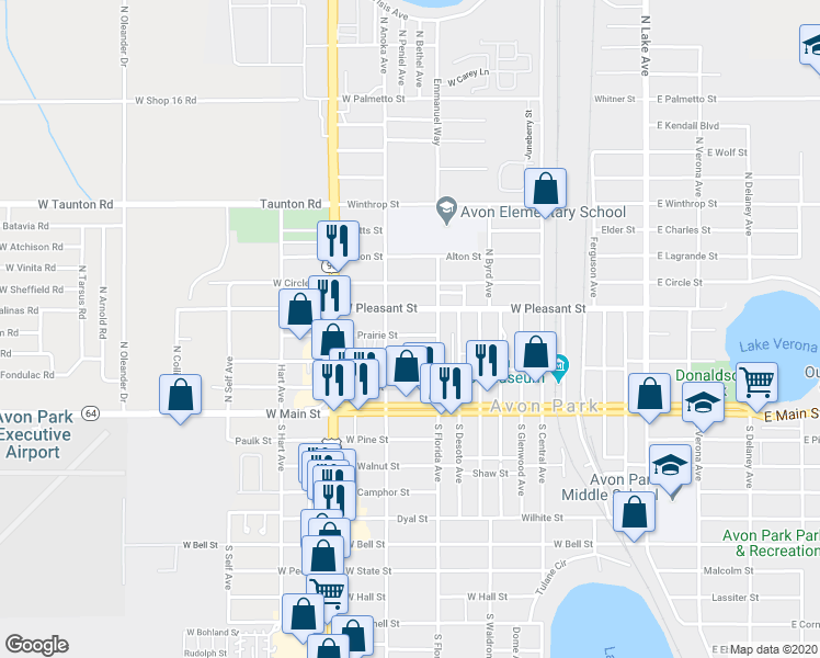 map of restaurants, bars, coffee shops, grocery stores, and more near 906 West Prairie Street in Avon Park