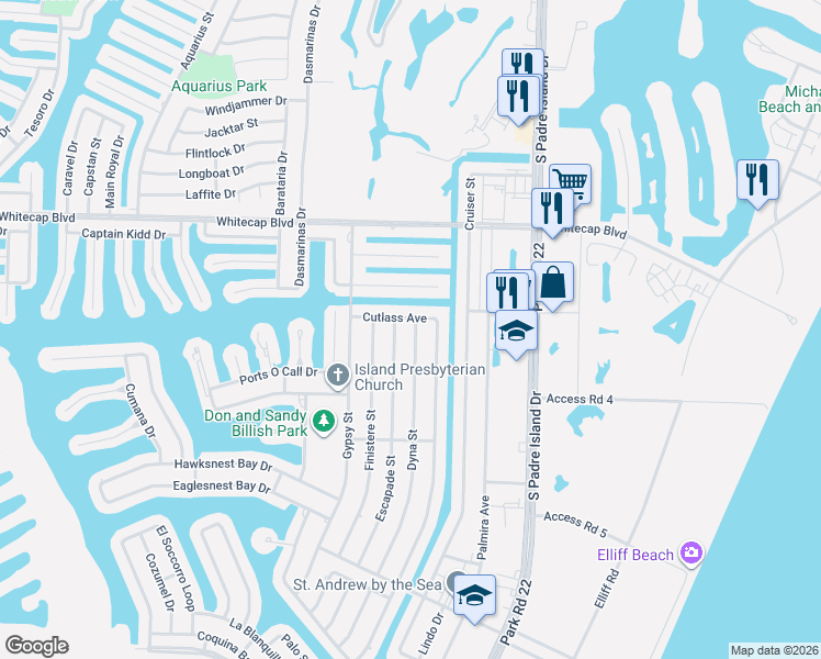 map of restaurants, bars, coffee shops, grocery stores, and more near 15405 Dyna Street in Corpus Christi