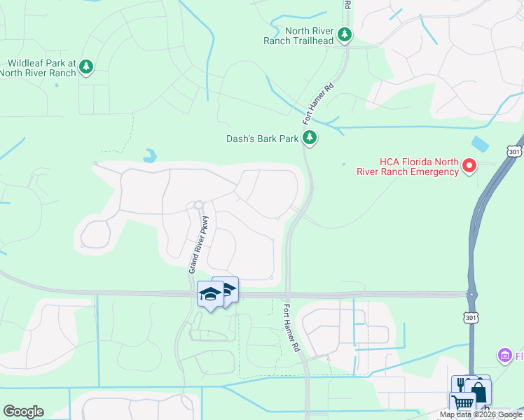 map of restaurants, bars, coffee shops, grocery stores, and more near 11829 Little River Way in Parrish