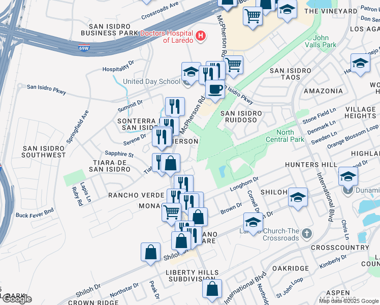 map of restaurants, bars, coffee shops, grocery stores, and more near 9804 Sterling Loop in Laredo