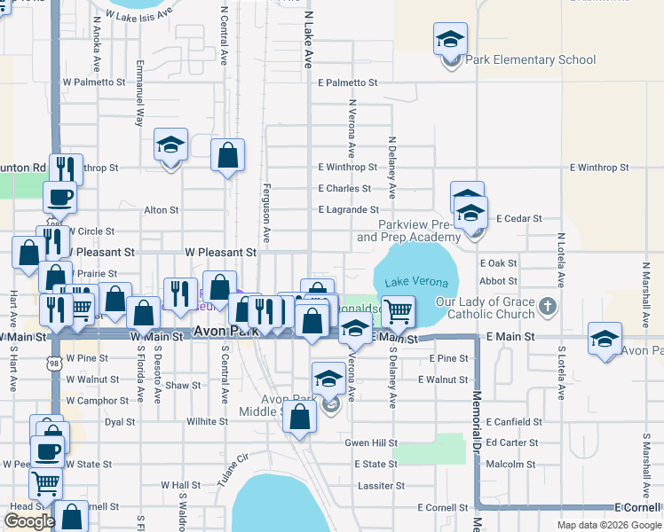 map of restaurants, bars, coffee shops, grocery stores, and more near 131 North Verona Avenue in Avon Park