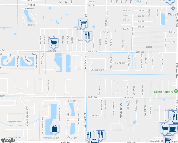 map of restaurants, bars, coffee shops, grocery stores, and more near 4205 Chablis Street Southwest in Vero Beach