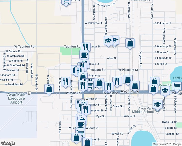 map of restaurants, bars, coffee shops, grocery stores, and more near 1005 West Prairie Street in Avon Park