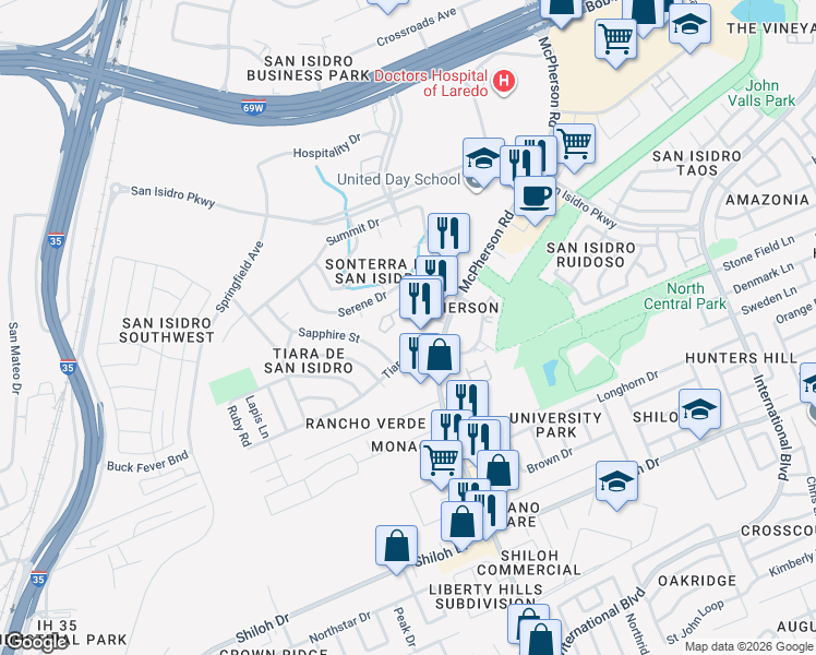 map of restaurants, bars, coffee shops, grocery stores, and more near 1752 Tiara Trail in Laredo
