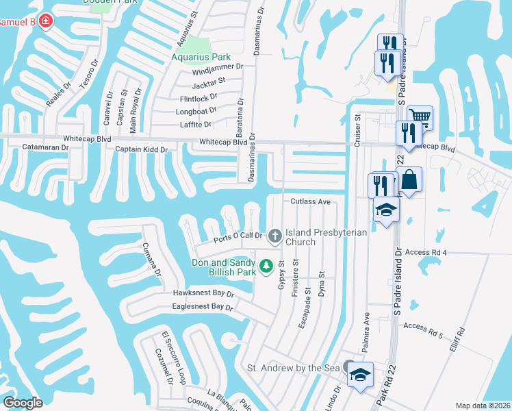 map of restaurants, bars, coffee shops, grocery stores, and more near 15405 Salt Cay Court in Corpus Christi