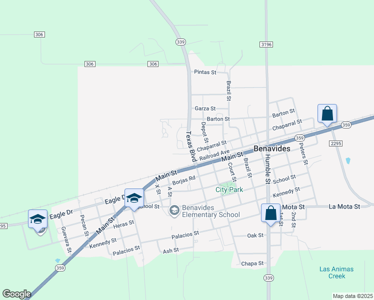 map of restaurants, bars, coffee shops, grocery stores, and more near 301 Texas Boulevard in Benavides