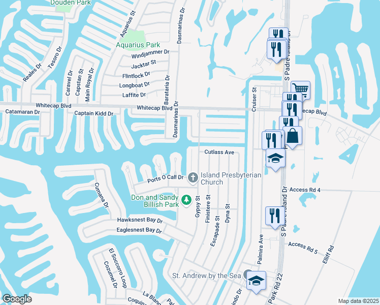 map of restaurants, bars, coffee shops, grocery stores, and more near 15414 Seamount Cay Court in Corpus Christi