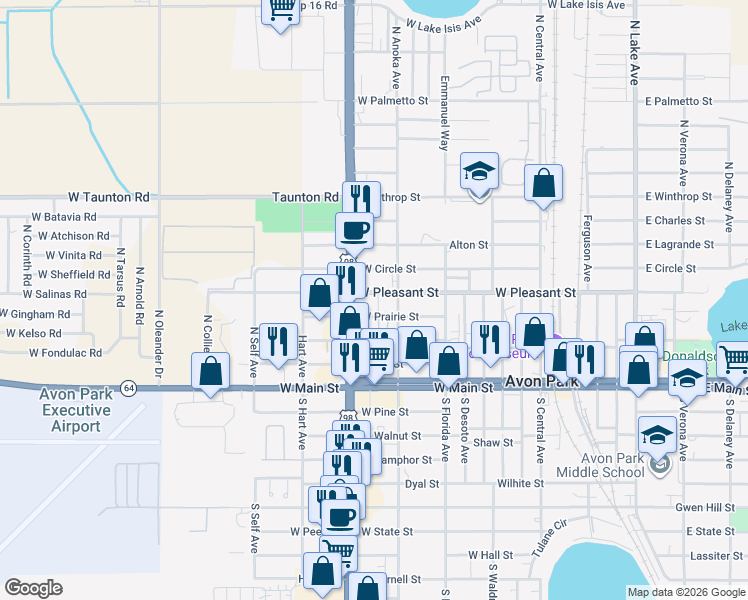 map of restaurants, bars, coffee shops, grocery stores, and more near 1005 West Prairie Street in Avon Park