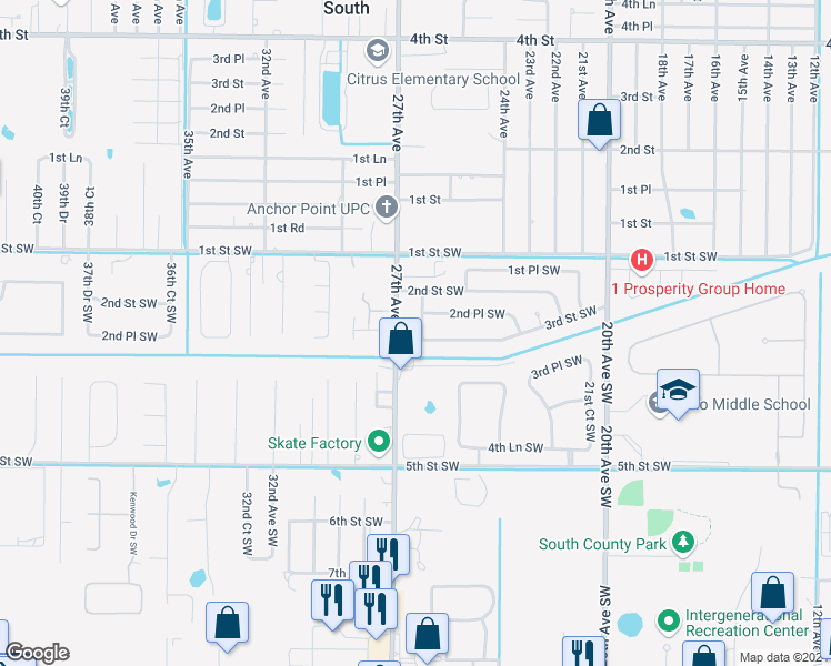 map of restaurants, bars, coffee shops, grocery stores, and more near 269 26th Avenue Southwest in Vero Beach