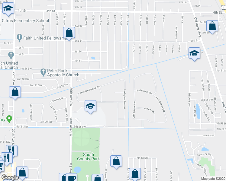 map of restaurants, bars, coffee shops, grocery stores, and more near 1296 Lexington Manor Southwest in Vero Beach