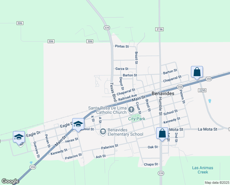 map of restaurants, bars, coffee shops, grocery stores, and more near 119 Chaparral Street in Benavides