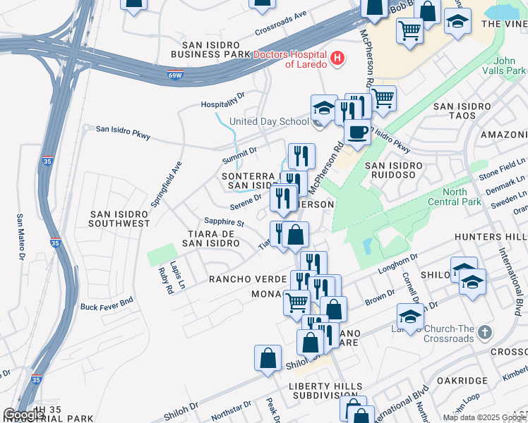 map of restaurants, bars, coffee shops, grocery stores, and more near 1110 Sapphire Street in Laredo