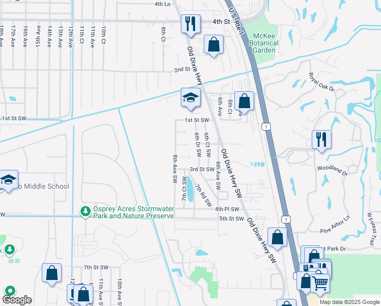 map of restaurants, bars, coffee shops, grocery stores, and more near 745 2nd Place Southwest in Vero Beach