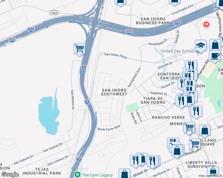 map of restaurants, bars, coffee shops, grocery stores, and more near 9819 San Dario Avenue in Laredo