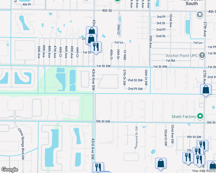 map of restaurants, bars, coffee shops, grocery stores, and more near 4100 Chablis Street Southwest in Vero Beach
