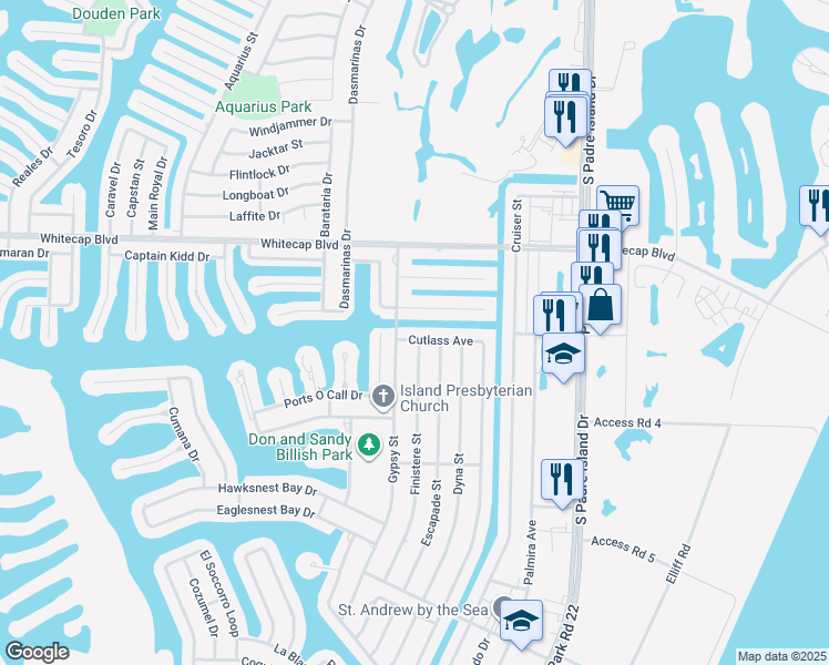 map of restaurants, bars, coffee shops, grocery stores, and more near 15406 Finistere Street in Corpus Christi