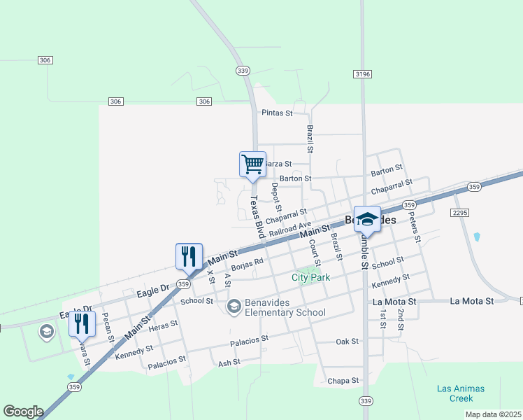 map of restaurants, bars, coffee shops, grocery stores, and more near 301 Texas Boulevard in Benavides