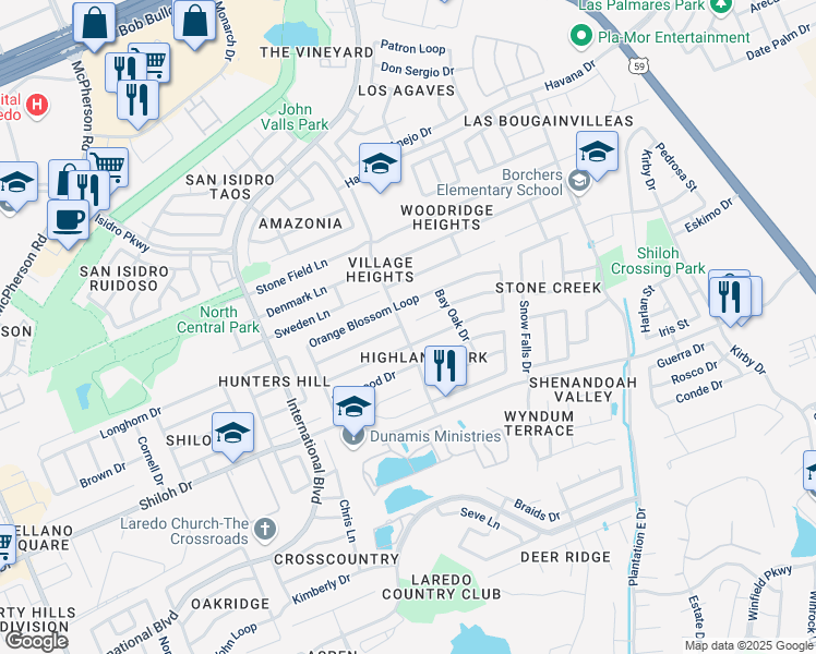 map of restaurants, bars, coffee shops, grocery stores, and more near 1806 Vinewood Oak Court in Laredo
