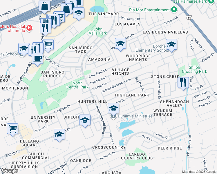 map of restaurants, bars, coffee shops, grocery stores, and more near 1639 Sweden Lane in Laredo