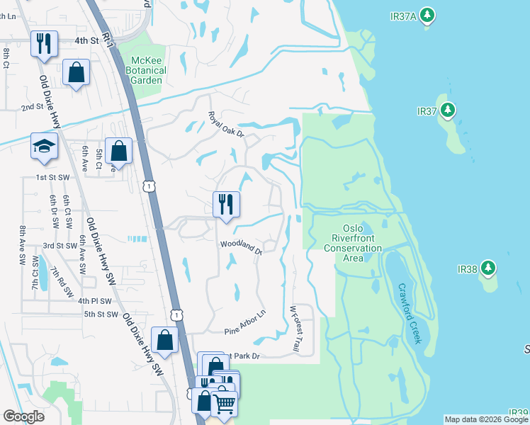 map of restaurants, bars, coffee shops, grocery stores, and more near 48 Woodland Drive in Vero Beach