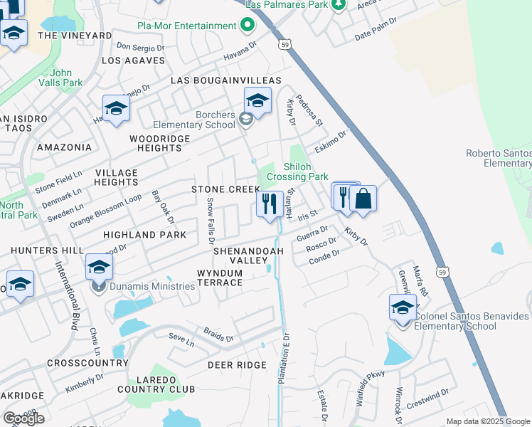 map of restaurants, bars, coffee shops, grocery stores, and more near 9202 Backwoods Trail in Laredo