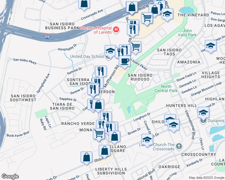 map of restaurants, bars, coffee shops, grocery stores, and more near 9811 Sterling Loop in Laredo