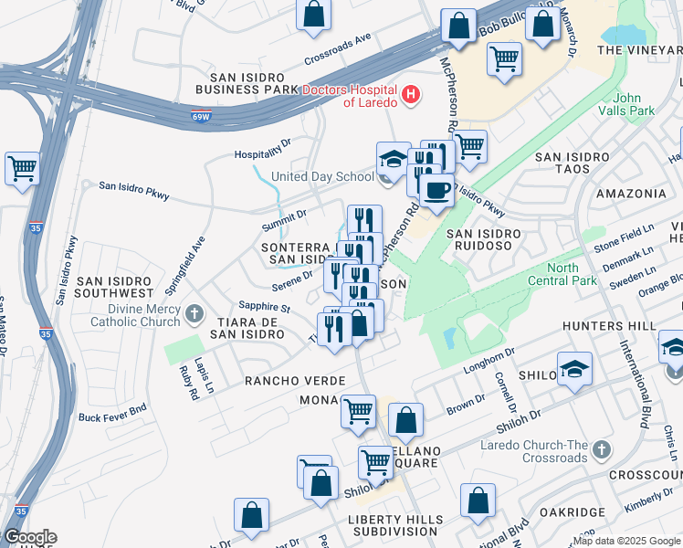 map of restaurants, bars, coffee shops, grocery stores, and more near 9801 Cantera Court in Laredo
