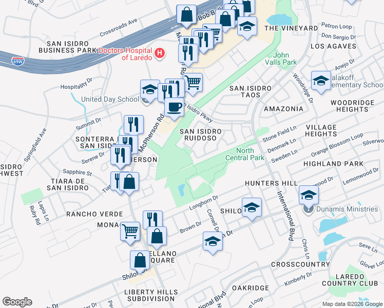 map of restaurants, bars, coffee shops, grocery stores, and more near 1909 Loreto Dr in Laredo