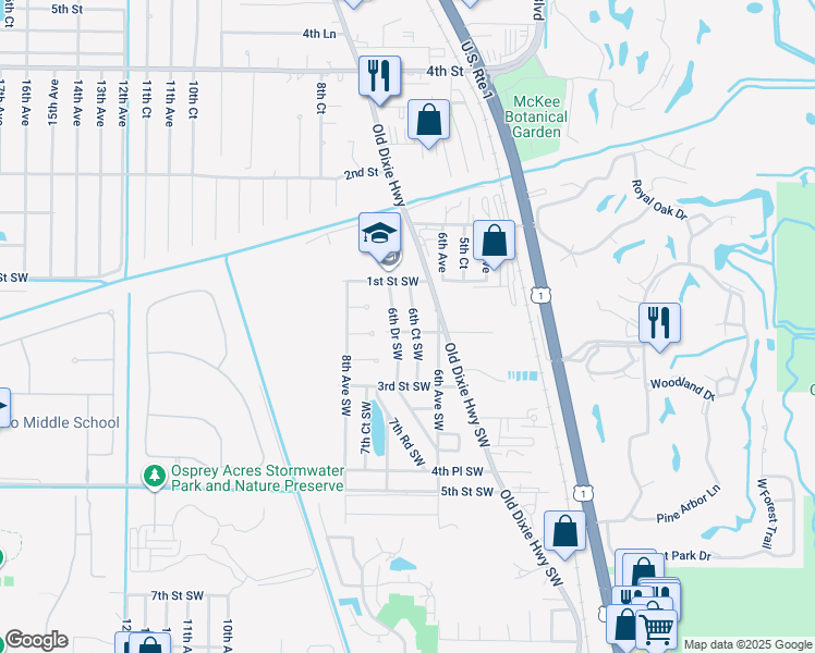 map of restaurants, bars, coffee shops, grocery stores, and more near 181 6th Court Southwest in Vero Beach