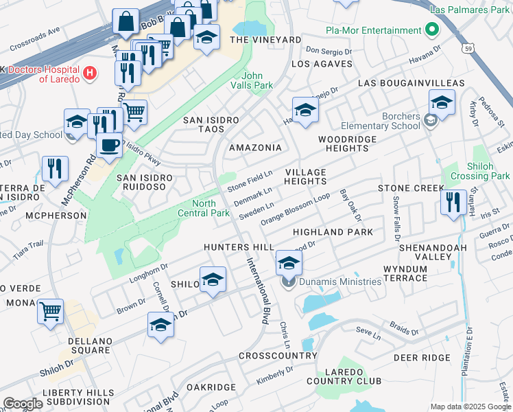 map of restaurants, bars, coffee shops, grocery stores, and more near 1620 Sweden Ln in Laredo